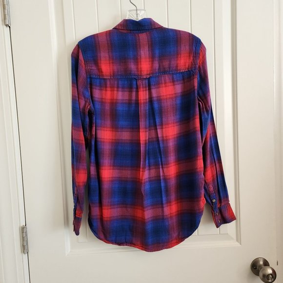 American Eagle Vintage Boyfriend Plaid Top PS Button Shirt Blue Red Flannel - Picture 10 of 16